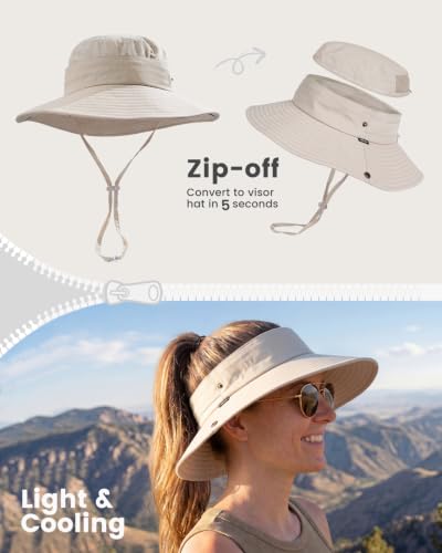2-in-1 Womens Bucket Sun Hats, Sun Visor Hat, UPF 50+ Wide Brim, Ponytail-Friendly, Packable, Hiking Outdoor - color: Beige