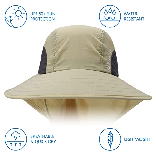 BASSDASH UPF 50+ Unisex Water Resistant Wide Brim Sun Hat with Large Neck Flap Ponytail Fishing Hat for Men Women - color: Cream