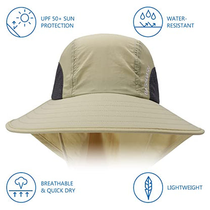 BASSDASH UPF 50+ Unisex Water Resistant Wide Brim Sun Hat with Large Neck Flap Ponytail Fishing Hat for Men Women - color: Cream