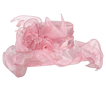 Women Oganza Sun Hat Church Wide Brim Wedding Formal Fascinator Hat - color: Pink