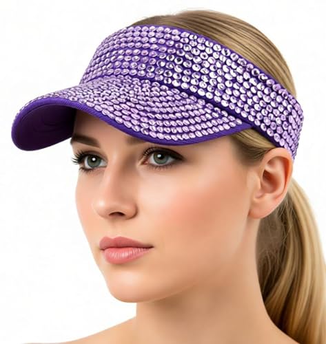 Women Shiny Rhinestone Bling Sun Visor Adjustable Tennis Beach Ponytail Hat - color: Purple Hat+white Rhinestone