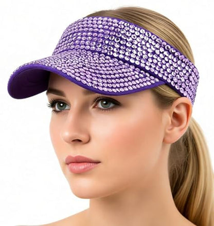 Women Shiny Rhinestone Bling Sun Visor Adjustable Tennis Beach Ponytail Hat - color: Purple Hat+white Rhinestone