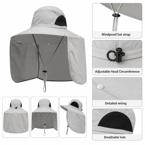 HUAMULAN Women Men Wide Brim Sun Hat Hiking Fishing Hats with Neck Flap - color: Yq005-lightgray