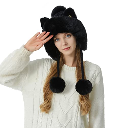 HUAMULAN Women Winter Sherpa Knit Beanie Hat Fleece Lined Ear Flaps - color: Black Solid