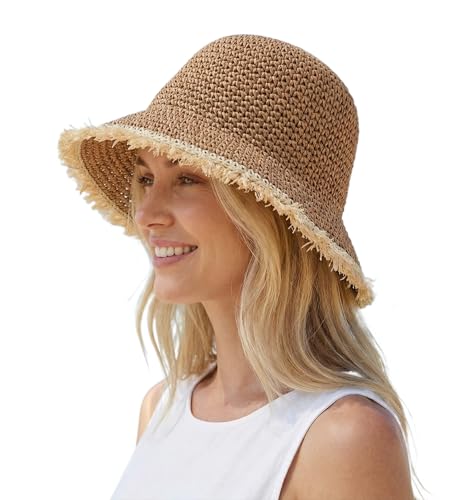 Summer Beach Straw Sun Hats for Women Fashion Travel Floppy Foldable Packable Crochet Wide Brim Bucket Hat - color: Brown