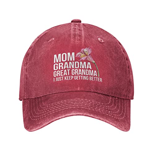 Mom Grandma Great Grandma, I Just Keep Getting Better Hat for Men Dad Hat Graphic Hat - color: Red