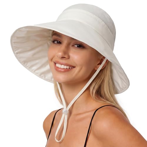 Sun Hats UV Protection Wide Brim Ponytail Beach hat for Women White