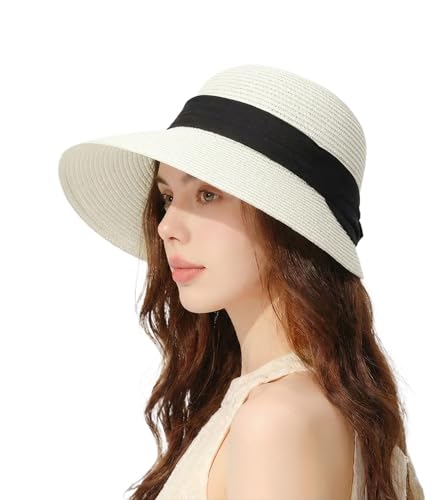 Women's Sun Straw Hats Summer Wide Brim Beach Hat UPF 80+ Travel Vacation Accessories Packable Foldable Cap - color: White