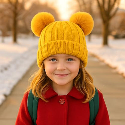 Toddler Winter Knit Hat Upgrade Fleece Lined Pompom Ears Beanies Cap for Boys Girls 3-12 Years - color: 01 Yellow