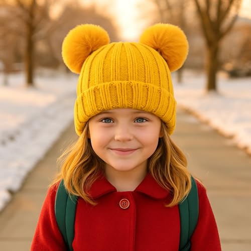 Toddler Winter Knit Hat Upgrade Fleece Lined Pompom Ears Beanies Cap for Boys Girls 3-12 Years - color: 01 Yellow