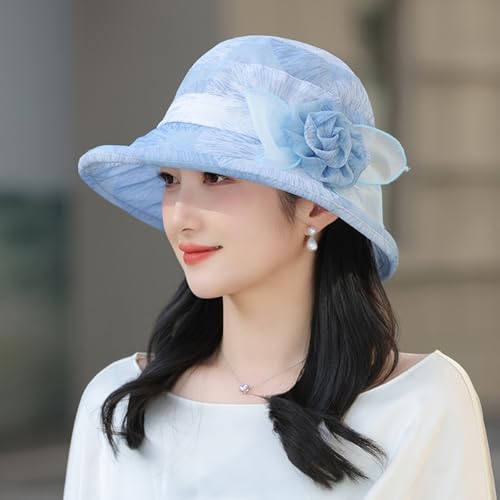 LumiSyne Women's Tulle Sun Hat Floral Bucket Hat Vintage Elegant Cloche Hat with Upturn Brim Summer Cap for Beach Travel - color: Blue