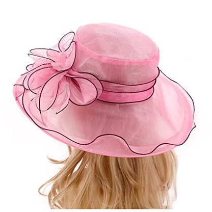 Haoohu Women's Church Derby Hat Wide Brim Bow Bucket Hat Wedding Dress Hat Fascinator Bridal Tea Party Hat - color: Rose Red 03161