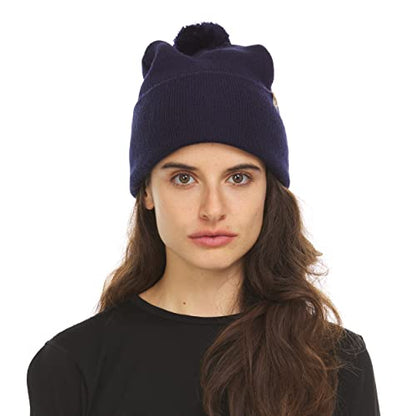 100% Merino Wool - Midweight Cuff Pom Beanie - Winter Pom Pom Hat - color: Navy Blue
