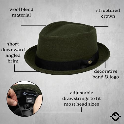 Funky Junque Wool Blend Porkpie Fedora, Classic Trilby Dress Hat - color: Olive, size: Medium