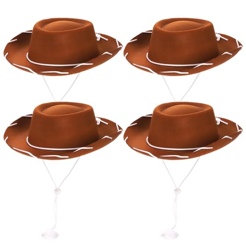 Peohud 4 Pack Felt Cowboy Hat for Kids, Small Western Cowgirl Hat, Wide Brim Cowboy Hat with Neck Drawstring, Cosplay Costume Accessories for Halloween Dress Up Party