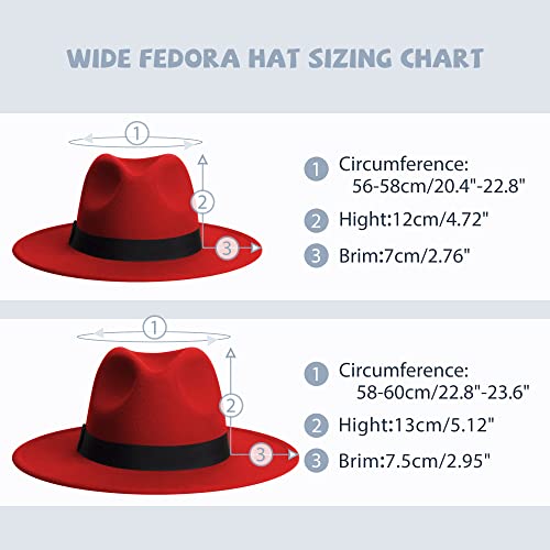 Womens & Mens Fedora Hats, Wide Brim Fedora Hats for Women Men - color: R-red/Black, size: Large-X-Large
