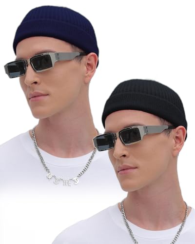 ROYBENS Thin Swag Wool Short Fisherman Beanie for Men Women Knit Winter Hat - color: 2pcs-black+navy Blue
