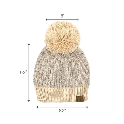 C.C Sequin Pom Beanie for Women - Acrylic Stretchable Soft Warm Knit Winter Skully Hat with Yarn Pom - color: Sequin-beige / Silver