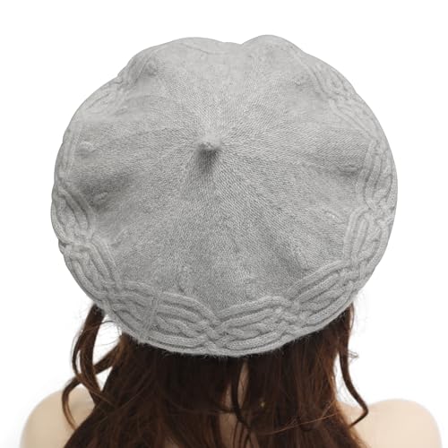 ZLYC Women French Beret Hat Reversible Solid Color Knit Warm Artist Cap - color: Cable Knit Gray