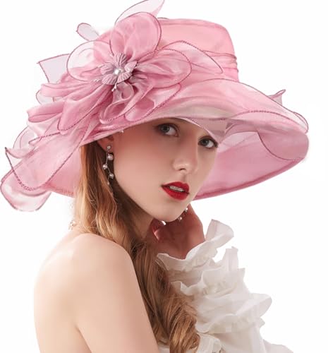 ORIDOOR Women’s Organza Church Tea Party Wedding Fascinator Derby Hat Wide Brim Sun Hats - color: Purple