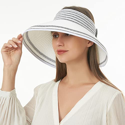Women Sun Visors Foldable Straw Hats Summer Beach Packable Hat Floppy Wide Brim Cap Deep Style, Adjustable Size - color: White