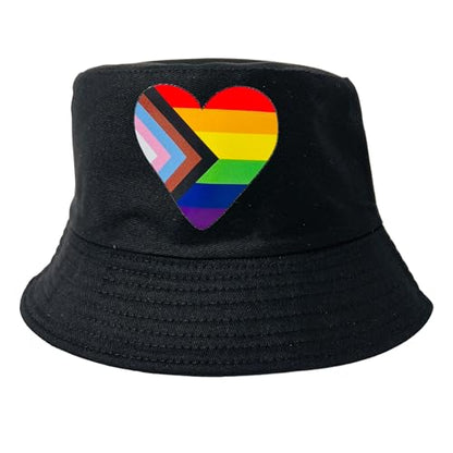 Pride Unisex Bucket Hat Reversible Double-Side-Wear Packable for Travel, Outdoors, and Beach - color: Black Progress Pride Heart