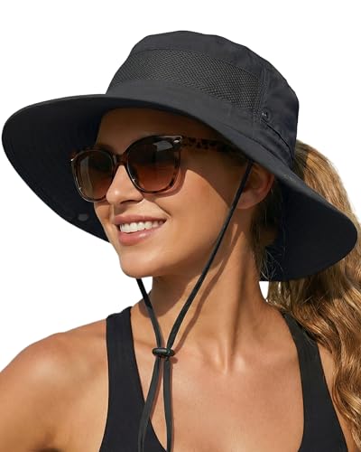 Women's Sun Hat Sun Protection Wide Brim Bucket with Ponytail Hole Summer - color: Black