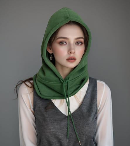 Unisex Sporty Snood Hat with drawstring Hood Scarf Neck Warmer Winter Balaclava Hood - color: Dark Green