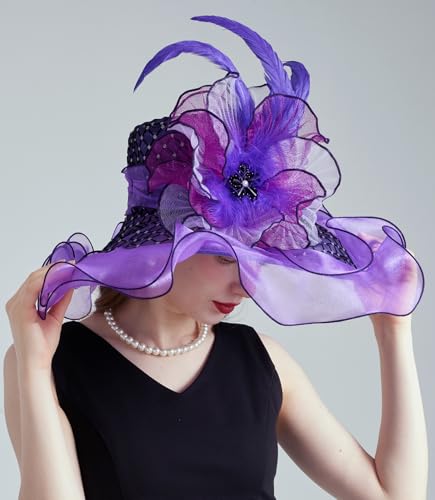 Women Organza Derby Hat Fascinator Tea Party Wedding Church Derby Hat Fascinator Hats Dual-use - color: 02e Purple