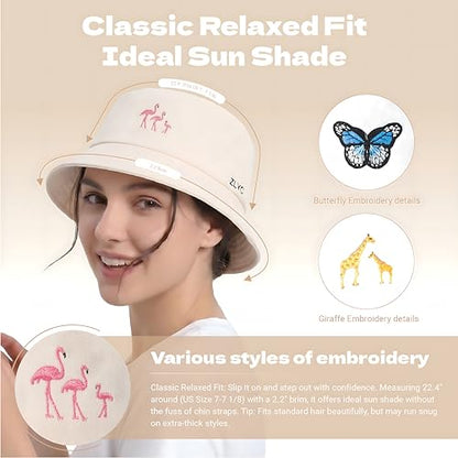ZLYC Cotton Bucket Hat for Women Men Embroidered Packable Summer Sun Cap - color: Butterfly Khaki
