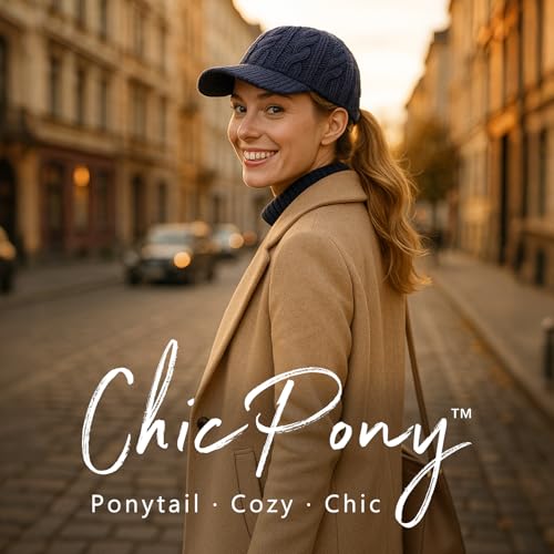 ChicPony™ Merino Wool Visor Ponytail Beanie with Brim Fleece Lined 3 Bun Openings Hole Warm Windproof Knit Cap Winter Hat - color: Midnight Blue(pony)
