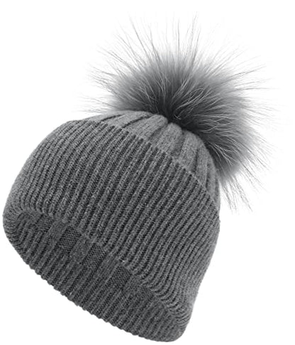 Women Real Fur Pom Pom Winter Ribbed Cuffed Knit Beanie Hat - color: Darkgrey 3