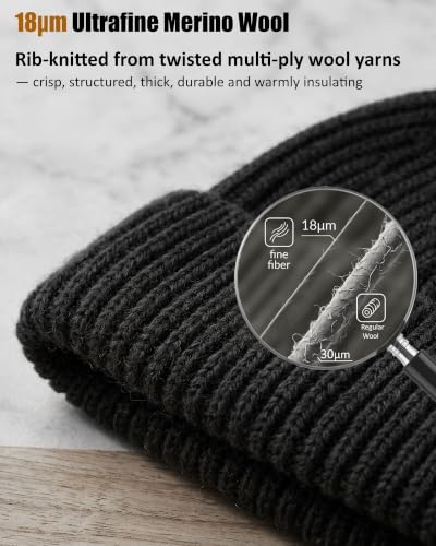 100% Merino Wool Fisherman Beanies for Men Winter Beanie Skull Cap - color: Black