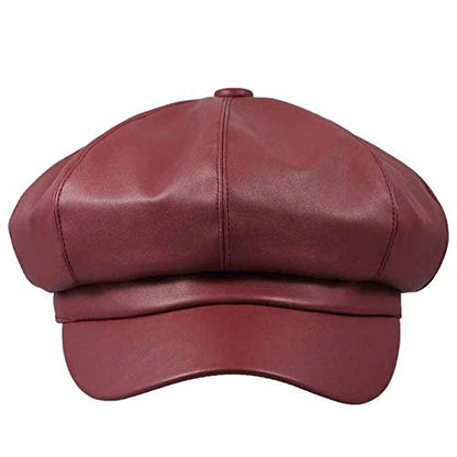 Women Newsboy Hats,8 Panel Ivy Beret PU Leather Cabbie Cap - color: Wine Red