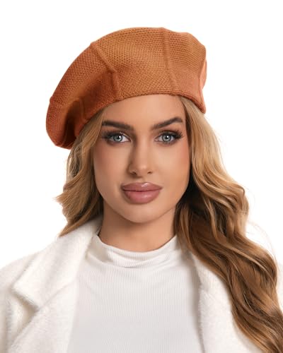 Women's Soft Wool Blend Beret Hat - 90% Wool / 10% Acrylic - No Itch, Elegant Slouchy Ribbed Knit Beret for Women - color: Orange