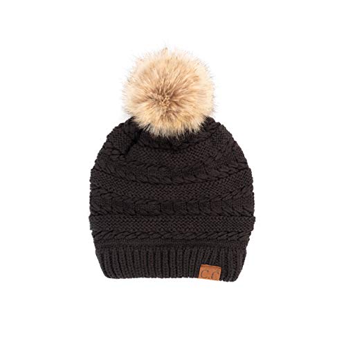 C.C Hatsandscarf Exclusives Unisex Solid Ribbed Beanie with Pom (HAT-43) - color: A Black-tilted Stitch