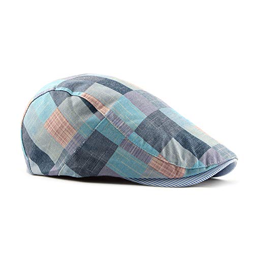 Gudessly Mens Adjustable Colorful Striped Plaid Ivy Newsboy Cabbie Gatsby Golf Cap Flat Cotton Hat Thin Cap - color: 826blue