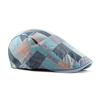 Gudessly Mens Adjustable Colorful Striped Plaid Ivy Newsboy Cabbie Gatsby Golf Cap Flat Cotton Hat Thin Cap - color: 826blue