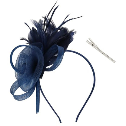 AMCAMI Fascinators Hats with Feather for Women 2026 Derby Hats Small Tea Party Hat with Headband - color: Navy Blue