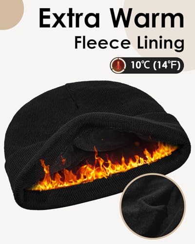 Century Star Men's Fleece-Lined Beanie Winter Knit Hat - Stretchable, Warm, Windproof, Unisex Cuffed Ski Cap for Sports - color: Black
