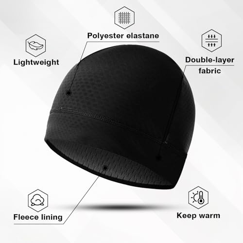 2 Pack Thermal Skull Caps for Men Women Wind-Resistant Fleece Beanie Hats Cold Weather Helmet Liners for Cycling - color: Black+black