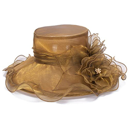 Lawliet Womens Dressy Wide Brim Church Wedding Occasion Sun Hat A613 - color: Gold