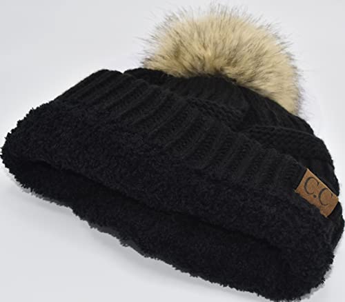 C.C Trendy Fuzzy Fleece Lined Warm Comfortable Soft Stretch Cable Knit Ribbed Faux Fur Pom Pom Beanie Hat - color: Black