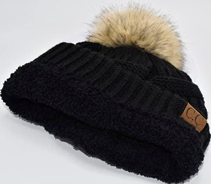 C.C Trendy Fuzzy Fleece Lined Warm Comfortable Soft Stretch Cable Knit Ribbed Faux Fur Pom Pom Beanie Hat - color: Black