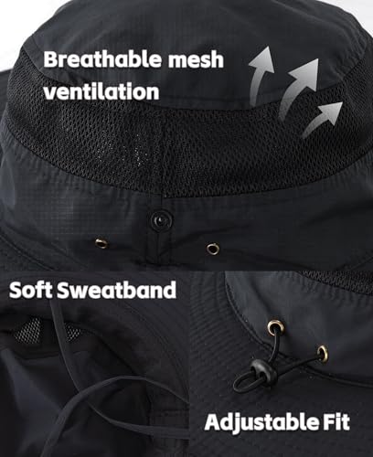 Connectyle UPF 50+ Wide Brim Sun Hat for Men Breathable Cowboy Boonie Hats Outdoor Bucket Hat for Fishing Hiking Safari - color: Black