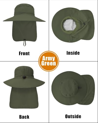 Outdoor Sun Hats with Stowable Neck Flap for Men Women UPF 50+ Mesh Summer Bucket Hat Wide Brim for Fishing Safari Hiking - color: Army Green