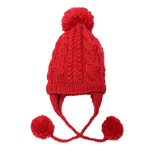 Women Winter Crochet Hat Cable Knit Beanie Ski Ear Flaps Pom Cap - color: Red