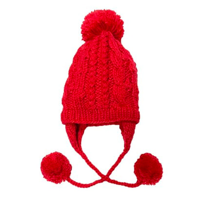 Women Winter Crochet Hat Cable Knit Beanie Ski Ear Flaps Pom Cap - color: Red