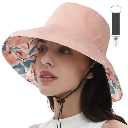 vidsel Womens Sun Hats Wide Brim Reversible Bucket Cotton Hat with Hat Clip - color: Pink, size: Medium