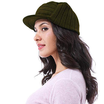 Solaris Army Style Flat Top Knit Cap Beanie WinterHat with Visor, for Women & Men - color: Olive